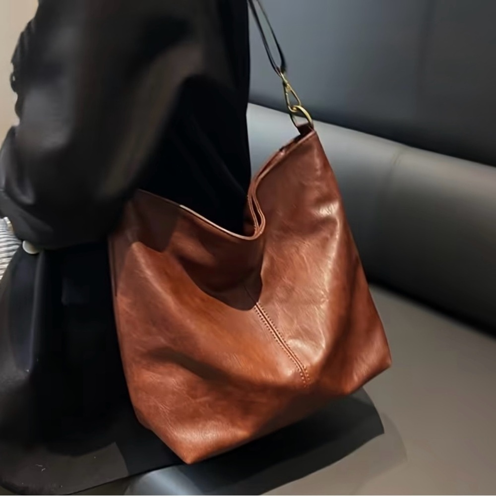 Brown Faux Leather Tote Bag Adjustable Strap - Picture 7 of 7